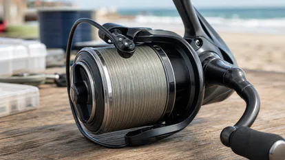 Detalle de bobina long cast con hilo de pesca colocado en espiras uniformes.