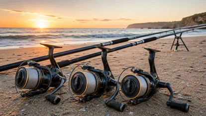 Carretes de surfcasting preparados sobre arena al amanecer junto a cañas de pesca de playa.