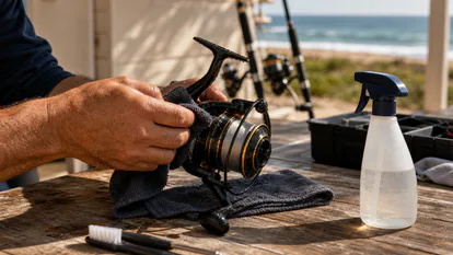 Pescador limpiando cuidadosamente un carrete de surfcasting después de una jornada con salitre.