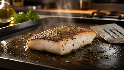 Filete de pescado cocinándose a la plancha con piel crujiente y vapor suave.