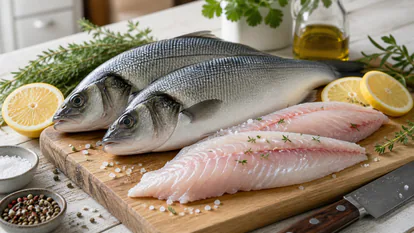 Pescado fresco limpio sobre una tabla de cocina con limón, hierbas y cuchillo afilado.