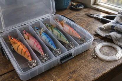 Cinco jibioneras de colores ordenadas en compartimentos de una caja de pesca
