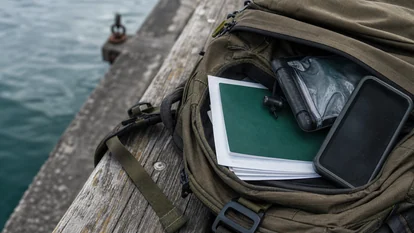 Documentación de pesca y teléfono protegidos dentro de una funda impermeable sobre una mochila.