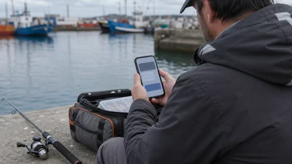Pescador comprobando una dirección web oficial antes de declarar capturas desde el puerto.