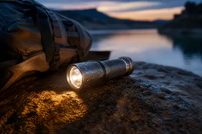 Linterna LED resistente al agua sobre una roca húmeda junto a una mochila de pesca.