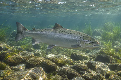 Recreación de un salmón atlántico nadando sobre piedras en agua dulce