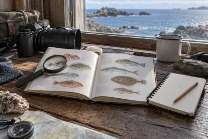 Guía ilustrada de peces junto a cámara, lupa y cuaderno de observación marina