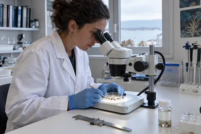 Investigadora observa una muestra con lupa binocular en un laboratorio de biología marina