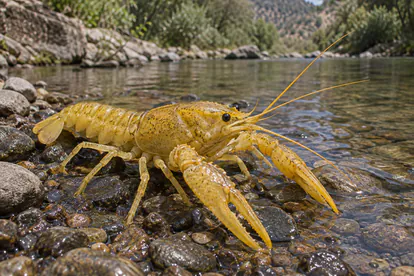 Recreación de un cangrejo de río de tonalidad amarilla sobre piedras húmedas junto al agua