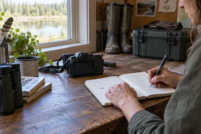 Anotación de una observación de fauna en un cuaderno de campo junto a una cámara fotográfica