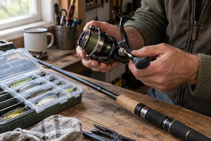 Manos revisando un carrete junto a una caja de vinilos de pesca en una mesa