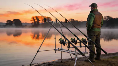 Pescador practicando carpfishing con cañas montadas en rod pod junto a un pantano al amanecer.