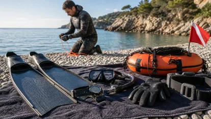 Equipo de apnea, boya, aletas y ordenador de buceo preparado para una jornada segura de pescasub desde kayak.