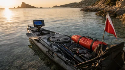 Kayak de pesca submarina equipado con sonda, boya y material de apnea en una cala tranquila.