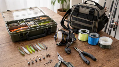 Equipo de pesca ordenado con carrete, línea, señuelos, alicates y caja de accesorios.