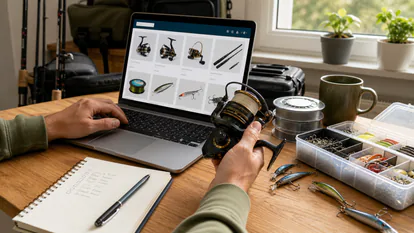 Pescador revisando una tienda online de pesca con cañas y accesorios preparados sobre una mesa.