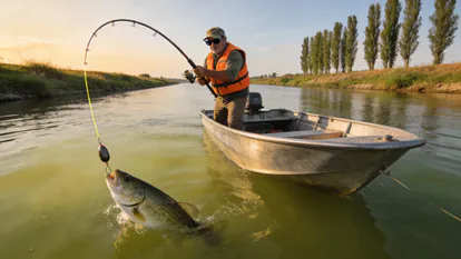 Pescador practicando jigging desde embarcación con caña curvada por la captura.