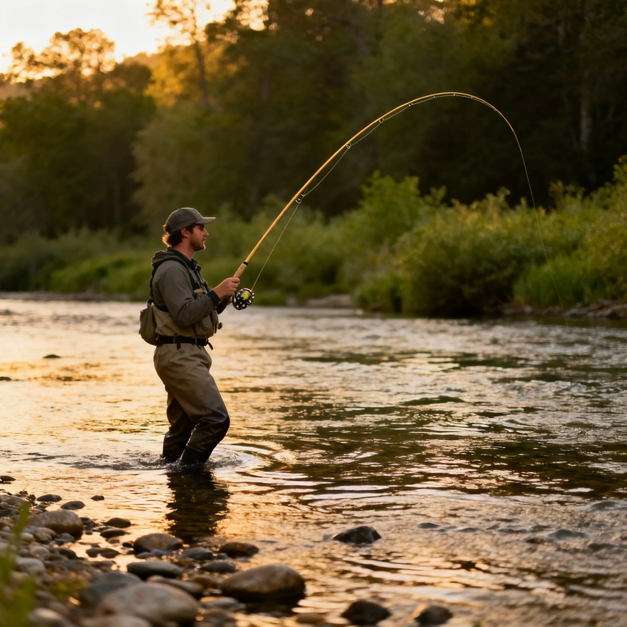 Pescador experto lanzando caña de spinning para truchas en río de montaña cristalino