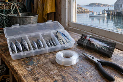 Jigs metálicos, aparejo de plumas y señuelo de curricán organizados en una mesa