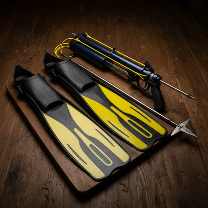 Aletas de pesca submarina y fusil neumático sobre superficie de madera.