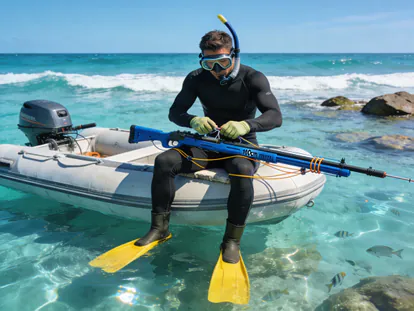 Pescador submarino con equipo completo preparándose para inmersión en aguas cristalinas.