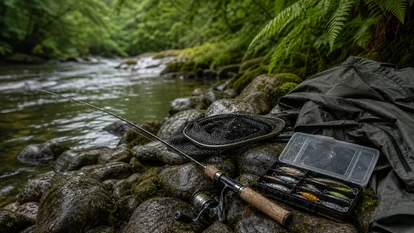 Equipo de pesca ligero preparado sobre piedras húmedas en un río de Galicia.