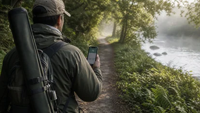 Pescador revisando una app de licencias antes de iniciar la jornada en una senda fluvial.
