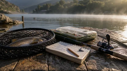 Equipo de pesca recreativa ordenado junto a una libreta de capturas y una red de aterrizaje húmeda.