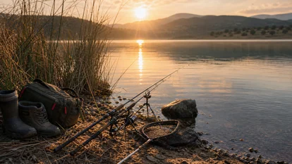 Orilla de embalse al amanecer con material de pesca preparado para una jornada responsable.