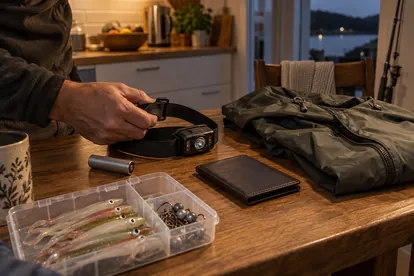 Preparación de un frontal, documentación y caja de señuelos antes de una salida nocturna