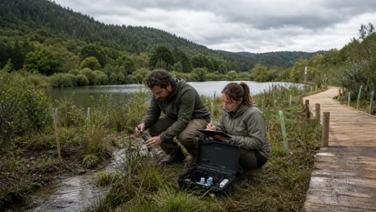 Técnicos revisando la calidad del agua y la vegetación de ribera en un proyecto de pesca sostenible.
