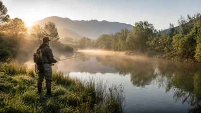 Pescador observando al amanecer los lagos restaurados de Lousada para la recuperación de la trucha autóctona.