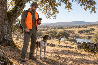 Adulto con chaleco naranja y perro sujeto comprobando documentos en una dehesa