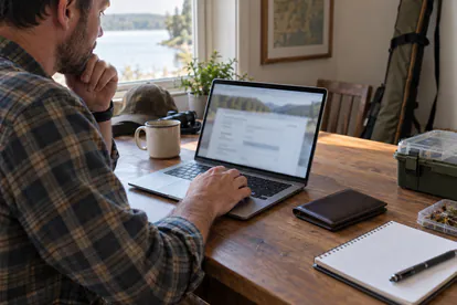 Aficionado revisando en un portátil la documentación para solicitar su licencia de pesca