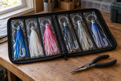 Señuelos de curricán con faldas de colores guardados en fundas individuales