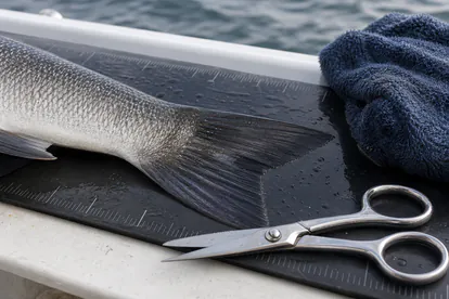Detalle de una tijera de pesca junto a la aleta caudal para explicar el marcado legal