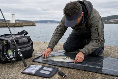 Pescador recreativo midiendo una captura antes de revisar la normativa aplicable