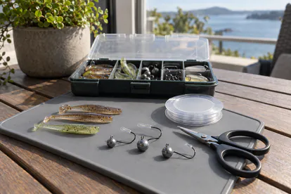 Vinilos pequeños y cabezas plomadas ordenados junto a tijeras y línea para bajos