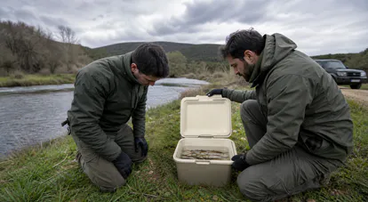Agentes medioambientales inspeccionando una nevera con peces pequeños junto a un río de Burgos.