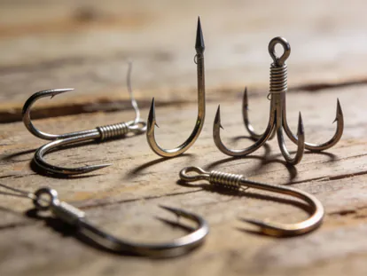 Detalle macro de diferentes tipos de anzuelos mostrando sus puntas y curvaturas.